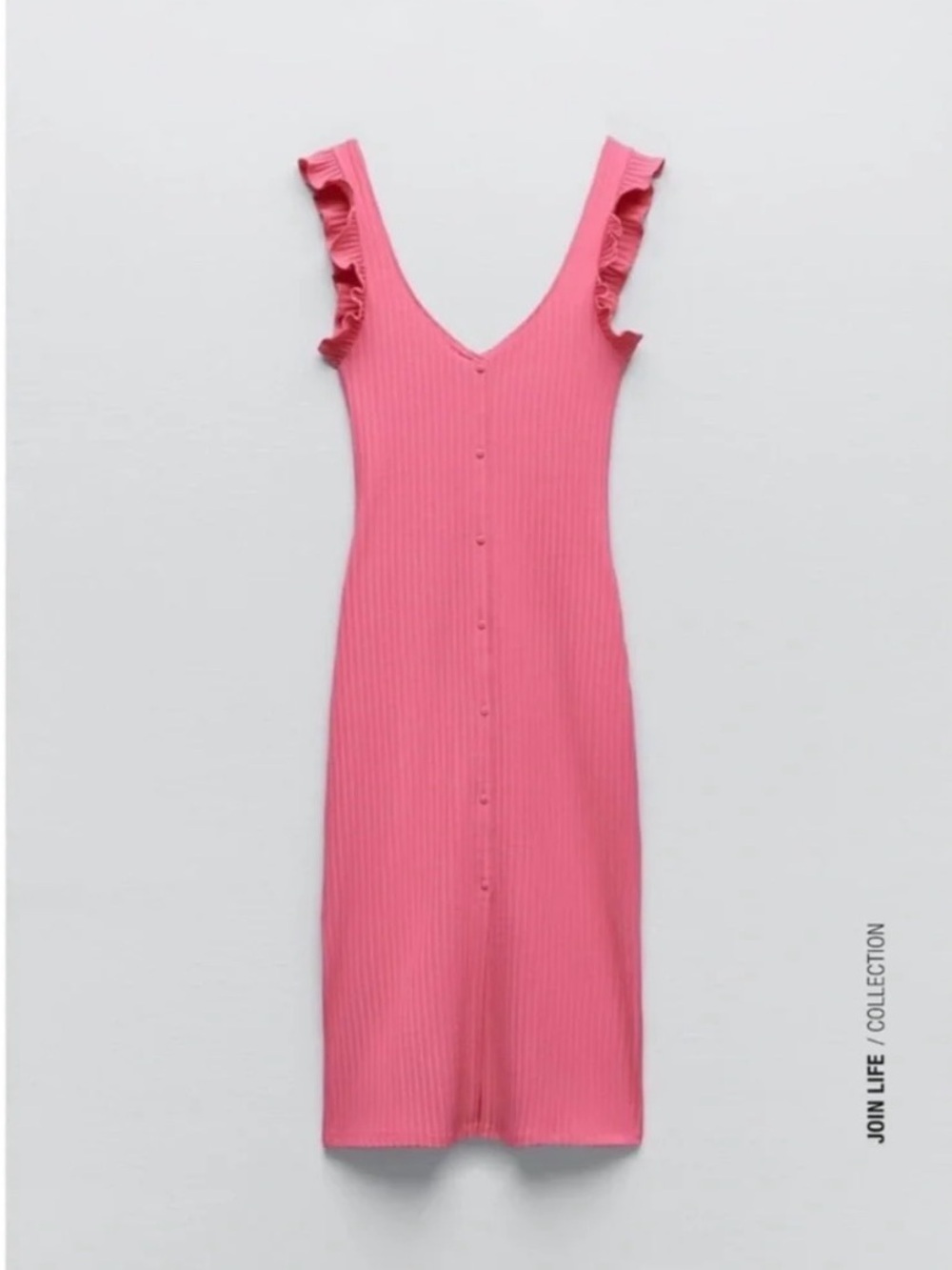 Zara Pink Ribbed Button-Front Midi Dress with Ruffle Straps